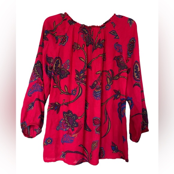 Lucky Brand Top Womens Sz S Oversized Red Peasant Boho Floral Henley Blouse - Picture 2 of 4